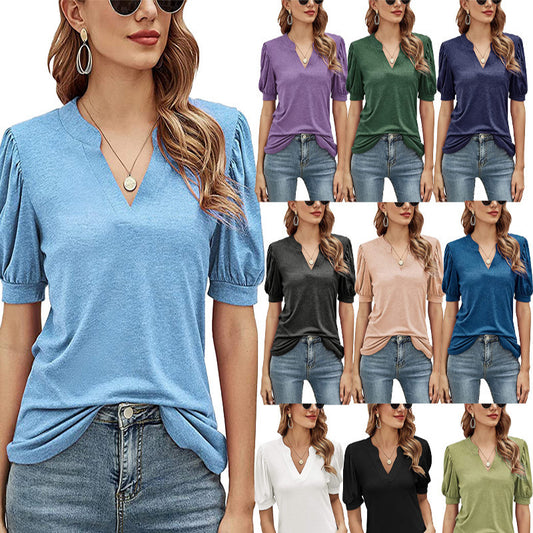 V Neck Pleated Puff Sleeve Tops