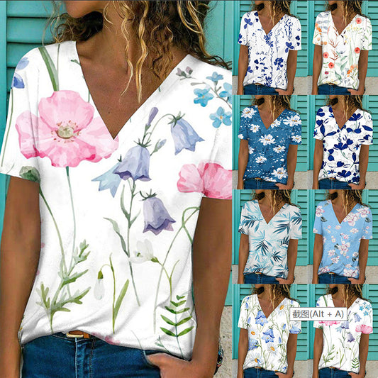 Flowers Print V-Neck Pullover  T-Shirt